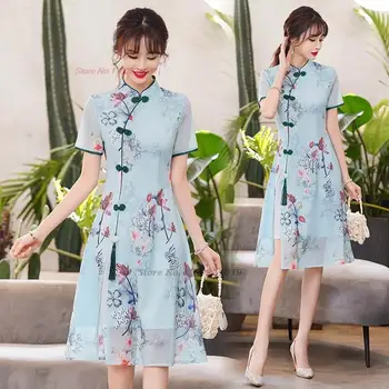 2024 kitajski vintage obleko izboljšano cheongsam nacionalni cvet tiskanja šifon a-line qipao orientalski banket večerno obleko vestido