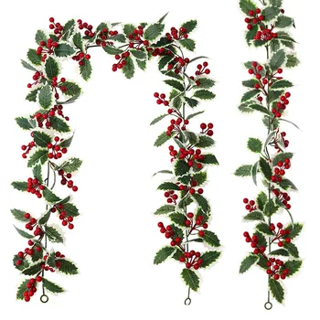 2M Umetni Holly Listi Rdeče Jagode vinske Trte Božič Rattan DIY Garland Xmas Tree Okraski Visi Doma Dekoracijo Venec