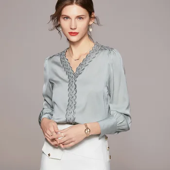 Birdsky, 1PC Ženske majice, vrhovi široko čipke dekoracijo dolg rokav 95% realno mulberry svile, 5% spandex barva, S-623