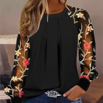 Bluze Jeseni Dolgo Oplaščeni Fashion Lace Mozaik Vrhovi Za Ženske Očesa Vidika Shirs Šifon Bluzo Poletje Moda, O-Izrez