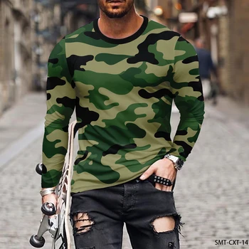 Camo natisnjene jeseni moške krog vratu T-shirt priložnostne dolgo oplaščeni T-shirt velik pulover modni trend moška oblačila