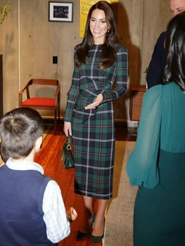 Kate Middleton Princesa vzletno-pristajalne Steze Pomlad Jesen Žensk New Visoke Kakovosti Priložnostne Stranka Eleganten Dolg Rokav Kariran Midi Svinčnik Obleko