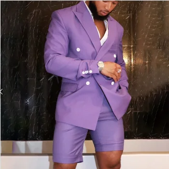 Novo Vijolična Oblačila za Moške, Slim Fit Jopič Kratke Hlače Dvojno Zapenjanje 2 Kos Ženina Tuxedos moško Poročno Obleko ( Suknjič+Hlače）