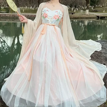 Pomlad Tang Dinastije Vezene Hanfu Obleko z Haljo Ženske Elegantne Princesa Obleko Kitajski Slog Maturantski Kostume Vestido Orientalski