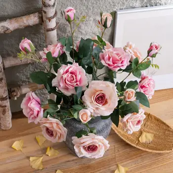 Ponaredek Cvet Poroko Cvetlični Aranžma Realne Umetno Rose Cvet Šopek 3 Glave Svetle Barve Simulacije Poroka za Dom