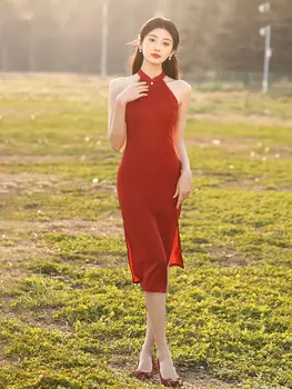 Rdeča Qipao Ženske Letnik Cheongsam Kitajski Stilov Poročnih Priložnostne Visi Vratu Večerno Obleko Poletje Klasične Slip Obleke