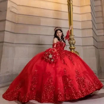 Rdeča Quinceanera Obleke Z Snemljivi Rokavi Bleščica Til Ljubica Sweet 16 Vestidos Par Quinceanera 2023