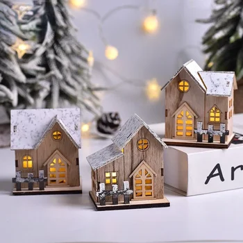 Vesel Božič LED Luči, Leseni Hiši Svetlobna Kabina Božični Okraski za Dom DIY Xmas Tree Okraski Otroci Darila, Novo Leto